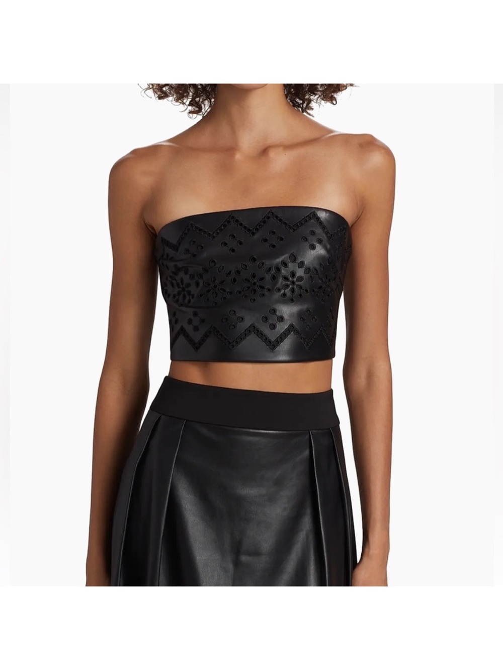 Milly Black Strapless Eyelet lace Leather Crop Top